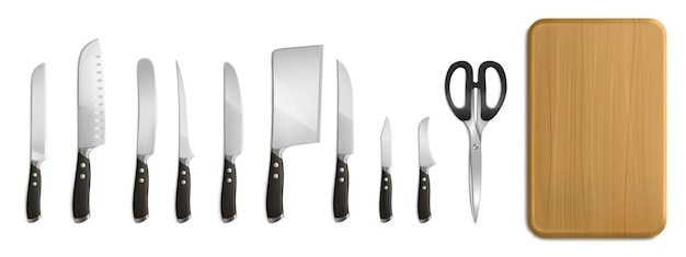 Chef and butcher knives, cutting board and scissors for cooking. Vector realistic set of 3d kitchen tools, metal knives with sharp blades and black handles, axe for meat and wooden plank