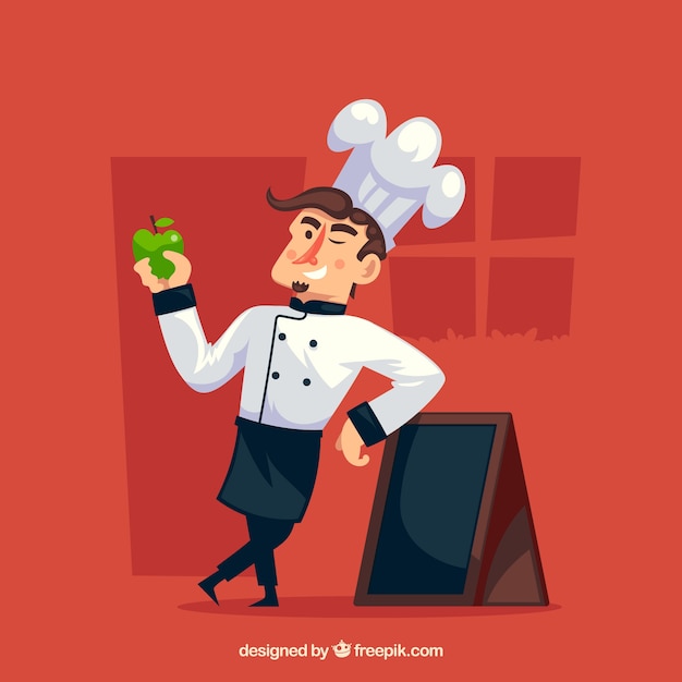 Free Vector chef next to a chalkboard holding an apple