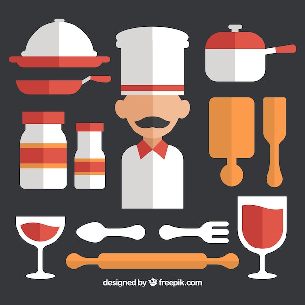 Chef collection with kitchen utensils in flat design