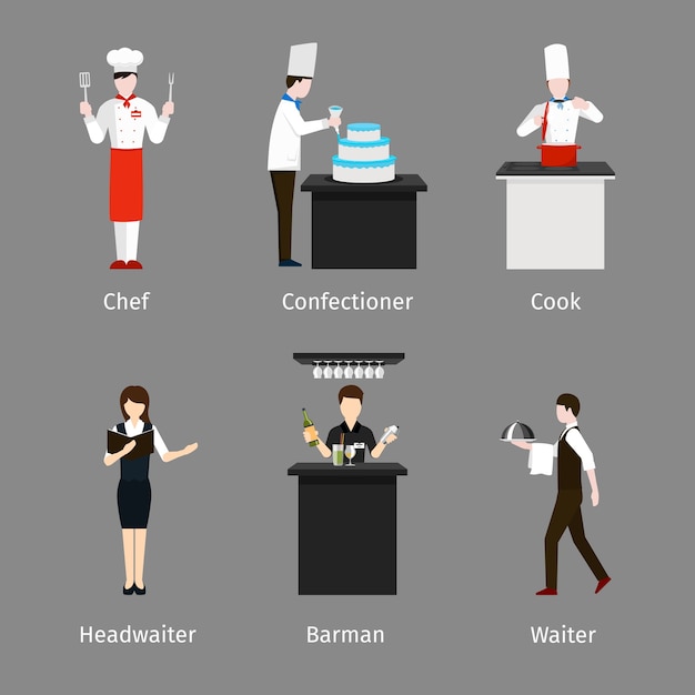 Chef and confectioner, waiter and cook. Catering staff. Job and work, person barman, headwaiter 