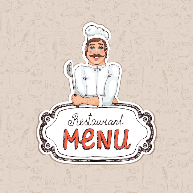 Free Vector chef holding spoon on restaurant menu drawing illustration for cover or advertisment