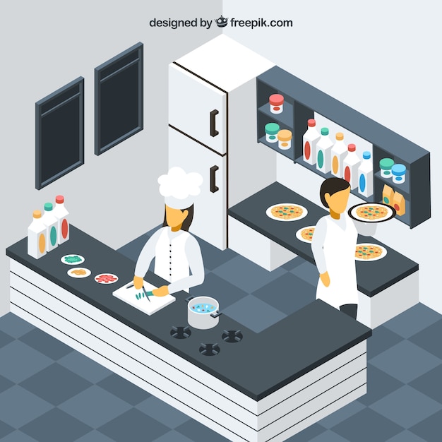 Free Vector chef and waiter working in isometric kitchen