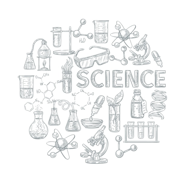 Chemistry sketch concept with school learning and science symbols