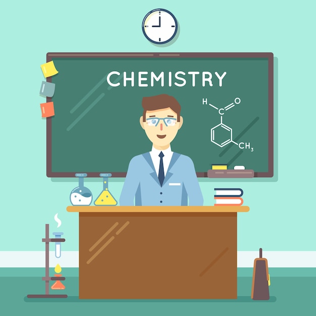 Chemistry teacher in classroom. School science study, university man research. Vector illustration flat education background