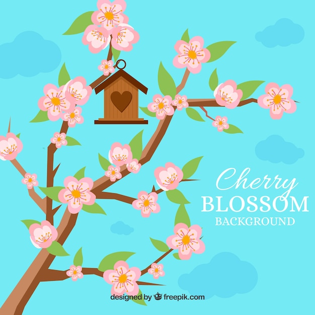 Free Vector cherry blossom background with birds house