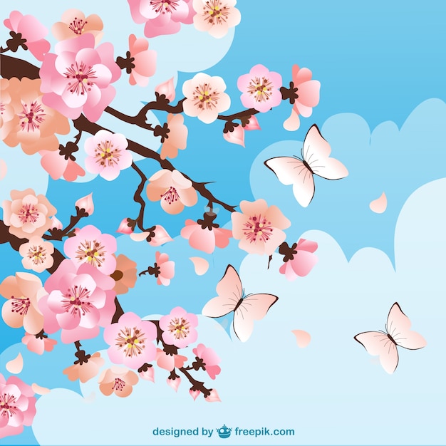 Free Vector cherry blossoms background with butterflies