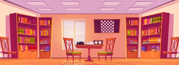 Chess club interior with board, pieces and clock on table, chairs and bookcases with books