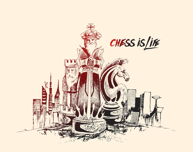 Chess is Life with urban city Hand Drawn Sketch Vector illustration