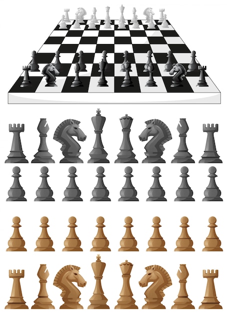 Free Vector chessboard and different chess pieces illustration