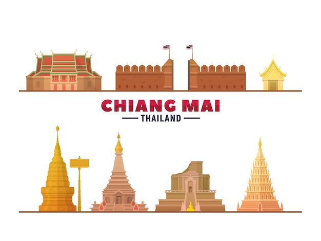 Free Vector chiang mai thailand top landmarks in white background vector illustration business travel and tourism concept with modern buildings image for banner or web site