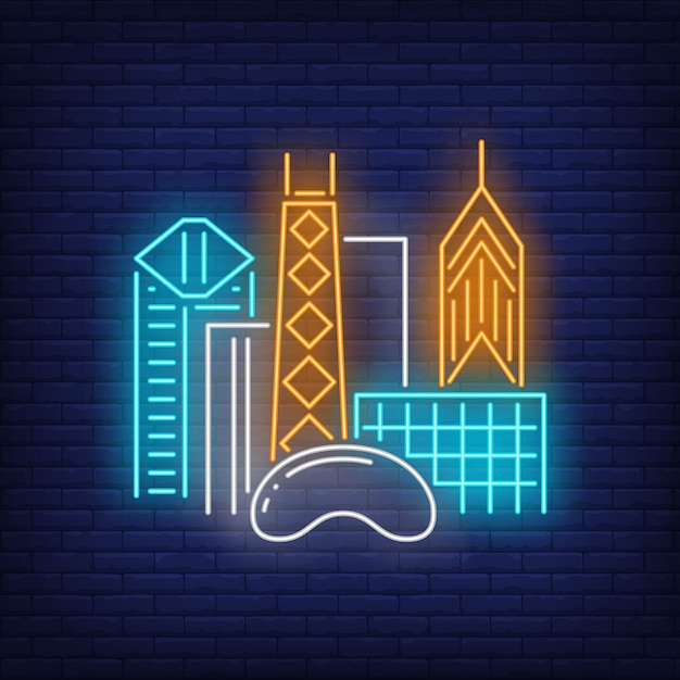 Free Vector chicago city buildings and cloud gate neon sign. sightseeing, tourism, travel.