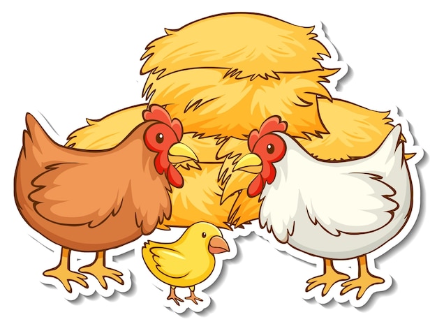 Free Vector chicken family with haystack sticker