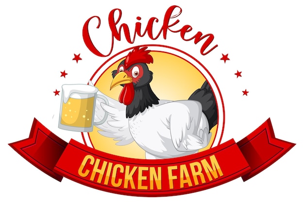 Free vector chicken holding beer cartoon character with chicken farm banner