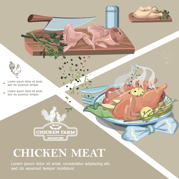 Free Vector chicken meat colorful template with raw legs wings ham knife spices salt shaker on cutting board and roasted chicken meal