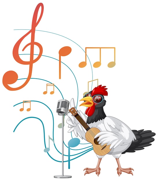 Chicken playing guitar and sing with music notes on white backgr