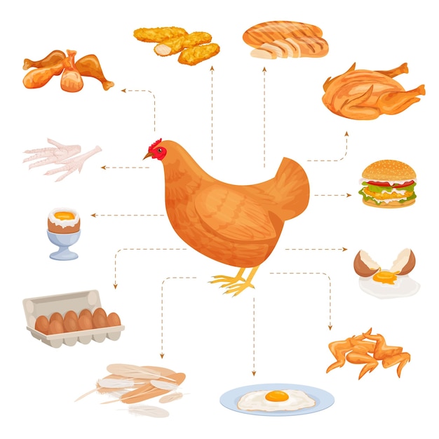 Free vector chicken products flat composition with set of isolated poultry food pointing to image of farm hen vector illustration