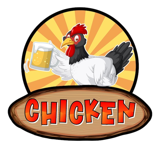 Free Vector chicken word banner with chicken cartoon character