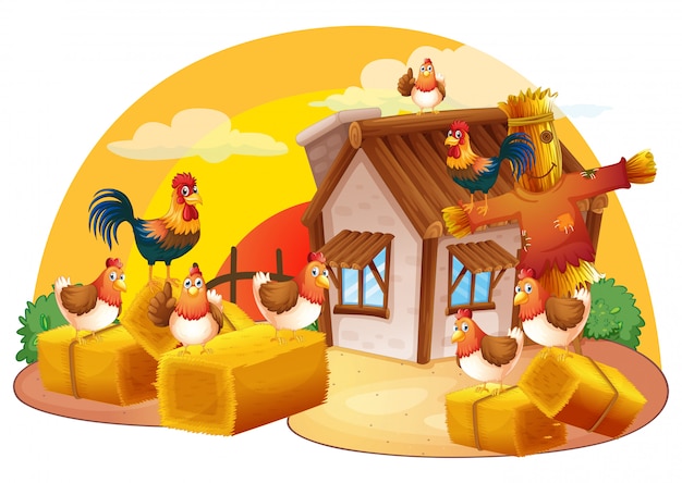 Free Vector chickens and scarecrow in the farm