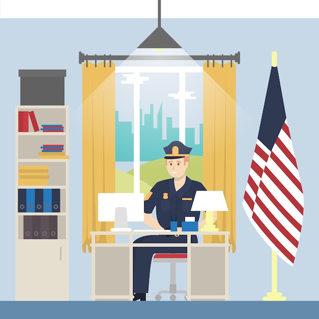 Chief police office Police officer in uniform sits in the cabinet with american flag