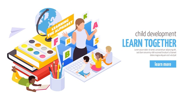 Child care and development at home isometric web banner