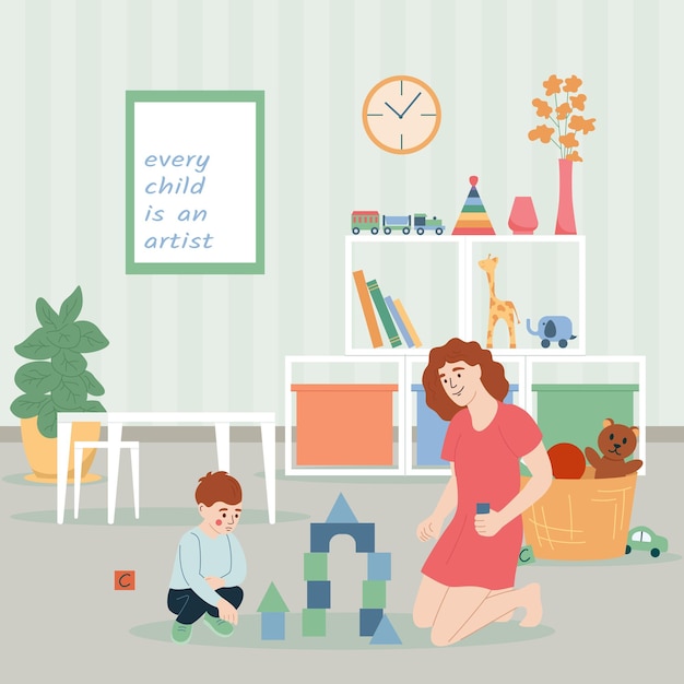 Free Vector child psycologist flat concept with boy playing with psychotherapist indoors vector illustration