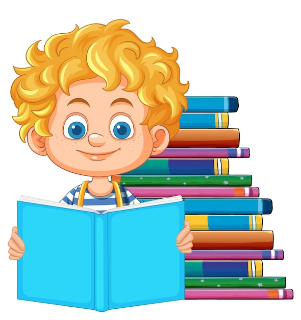 Free Vector child reading with stack of books