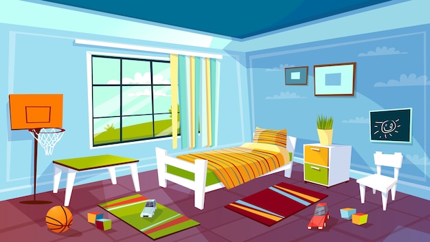 Child room of kid boy bedroom interior background.