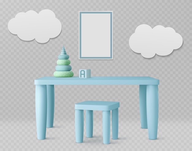 Free Vector child room with kids table, chair, white poster and clouds on wall