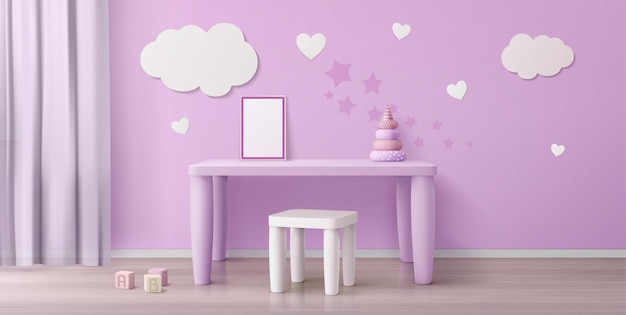 Child room with kids table, chair, white poster and clouds on wall