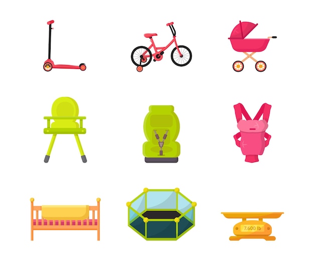 Free Vector childhood supply illustrations set pram scooter and bicycle with side wheels childcare parenting accessories pack feeding chair car seat baby carrier