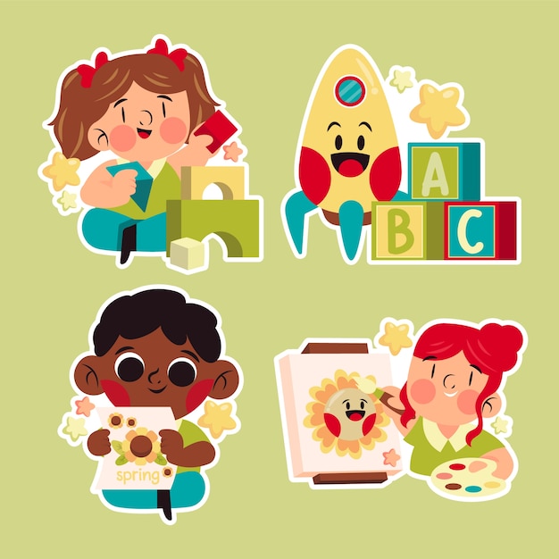 Free Vector childlike kindergarten stickers collection