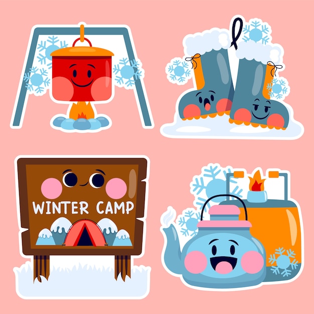 Free Vector childlike winter camp sticker set