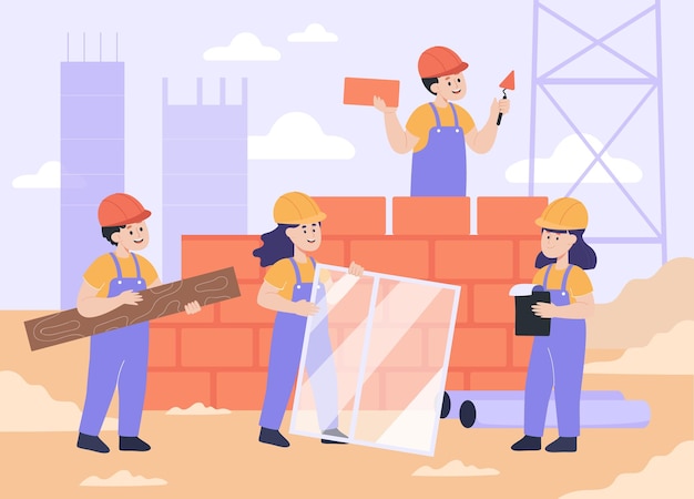 Free vector children as construction workers building wall of bricks. kids in constructor uniform building house together flat vector illustration. occupation, childhood concept for banner or landing web page