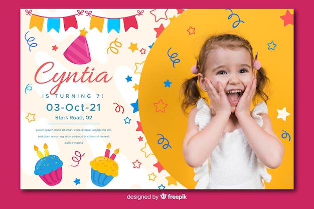 Free Vector children birthday invitation template with image