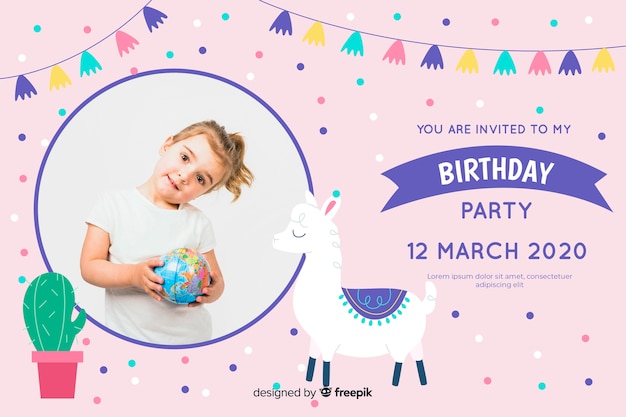 Children birthday invitation template with photo