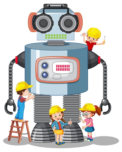 Free Vector children building robot together on white background