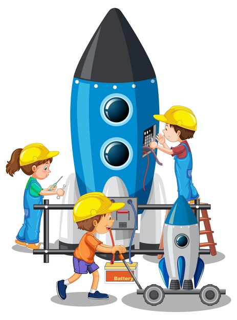 Children building rocket together on white background