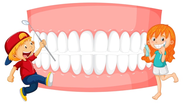 Children cartoon character brushing teeth