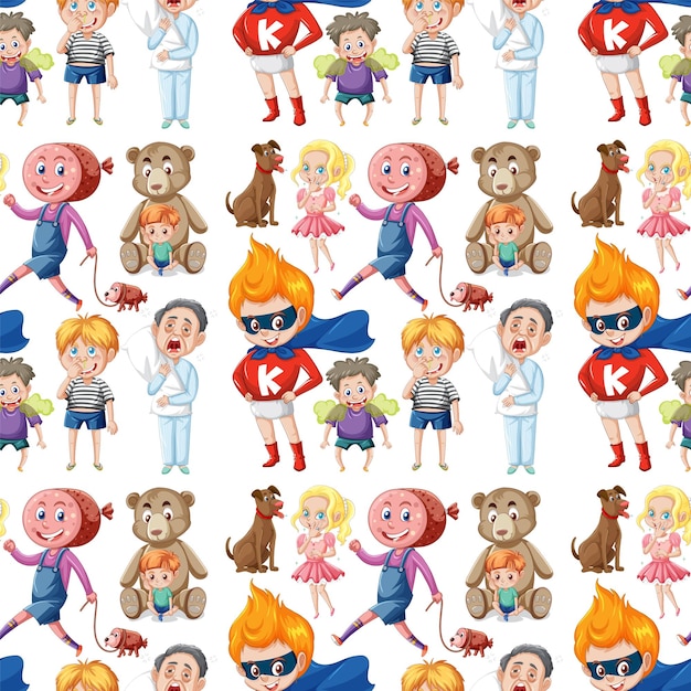 Free vector children cartoon character seamless pattern