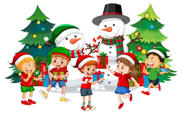 Children celebrating Christmas with snowman and Christmas tree