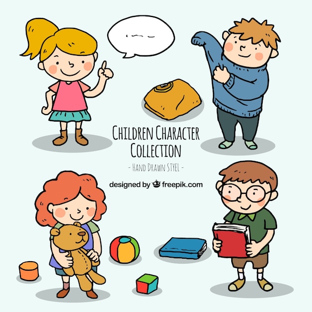 Children character collection in hand-drawn style