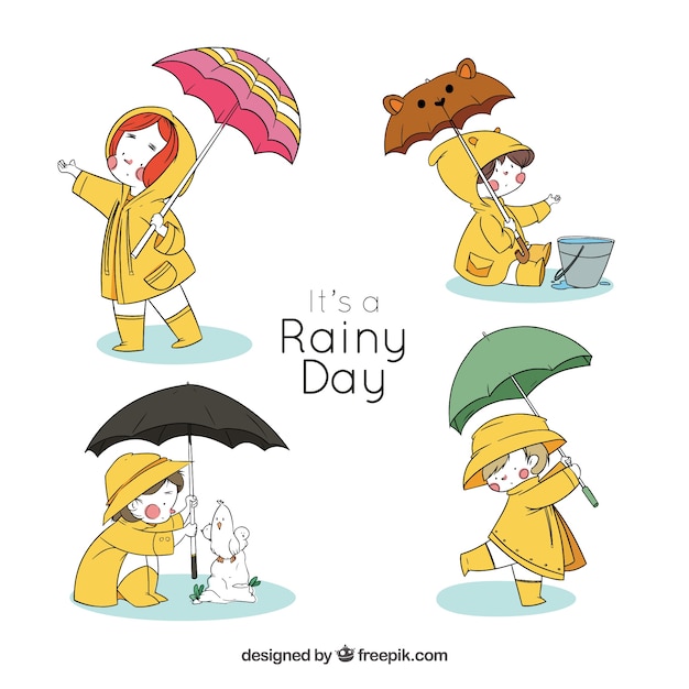 Children characters with umbrellas for a rainy day