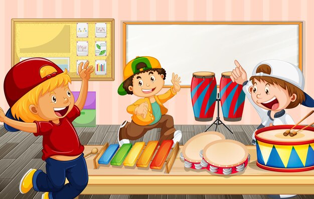 Children in the classroom with various musical instruments