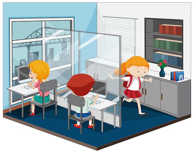 Free Vector children in the computer room with furnitures