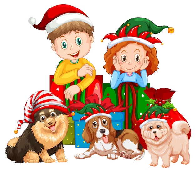 Children and dogs in Christmas costumes