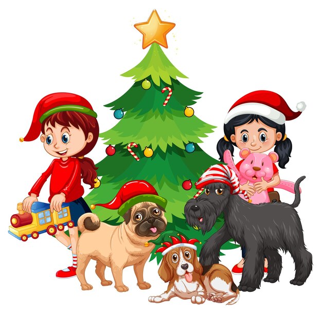 Children and dogs in Christmas theme