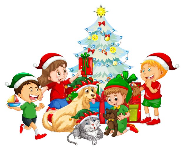 Children and dogs in Christmas theme