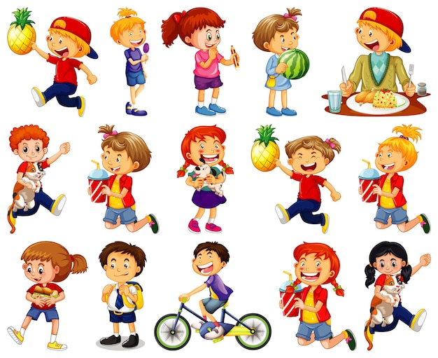 Children doing different activities cartoon character set on white background