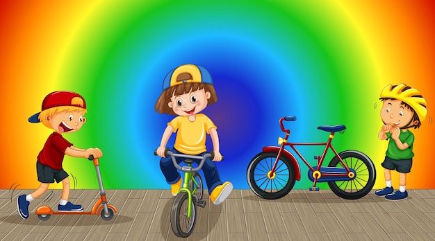 Free Vector children doing different activities on rainbow gradient background