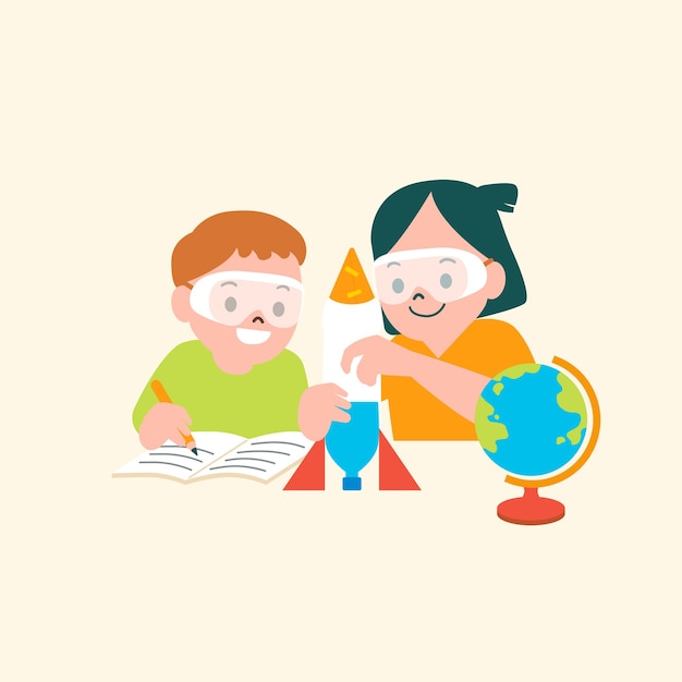 Children doing experiment vector educational flat graphic